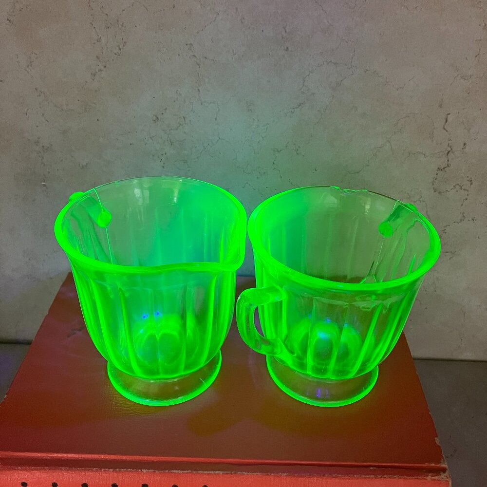 Vintage 1930’s 16 Panel Green Uranium Glass Cream and Sugar Set. Brilliant Glow